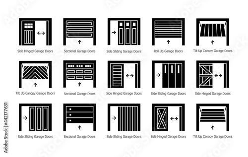 Garage doors half opened. Flat silhouette icon vector set. Different types of warehouse or workshop gates. Exterior design elements. Isolated objects on white background