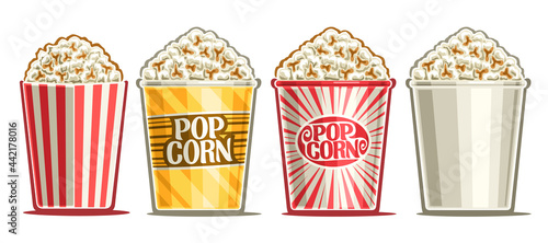 Vector set of Popcorn Buckets, decorative cut out illustrations of buckets homemade salted popcorn, banner with 4 different popcorns for fastfood cafe in movie theatre on white background.