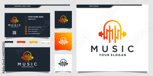 Music logo with unique headphones shape and businnes card design Premium vektor