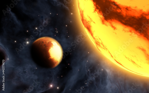 Alien super-Earth Gliese 486b and its nearby red dwarf star  3d illustration