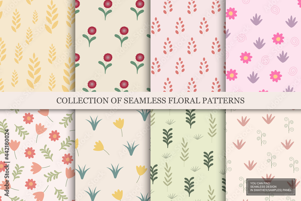Collection of colorful seamless floral patterns - hand drawn delicate design. Vintage trendy prints. Textile endless covers. You can find repeatable backgrounds in swatches panel