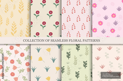 Collection of colorful seamless floral patterns - hand drawn delicate design. Vintage trendy prints. Textile endless covers. You can find repeatable backgrounds in swatches panel