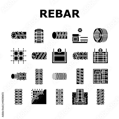 Rebar Construction Collection Icons Set Vector. Threaded And Hardened Steel Fittings, Metal And Basalt Rebar Production, Concrete Floor And Wall Glyph Pictograms Black Illustrations