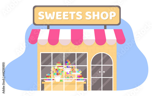 Flat sweets shop. House with panoramic windows and door, donuts, sweets, lollipops, illustration