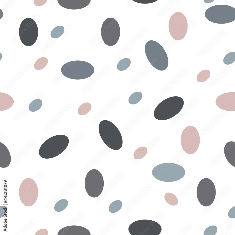 Delicate Scandinavian pattern of ovals of gray, blue, pink colors, arranged chaotically. Seamless pattern for printing on paper, living room, nursery. Uncomplicated stylish pattern of geometric shapes Delicate Scandinavian pattern of ovals of gray, blue, pink colors, arranged chaotically. Seamless pattern for printing on paper, living room, nursery. Uncomplicated stylish pattern of geometric shapes