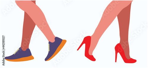 Sneakers and red high-heeled shoes, sports shoes or elegant heels, choice of shoes, foot shoes, beauty and fashion, flat vector illustration