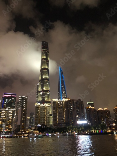 city skyline at night, China, city harbour at night, Shanghai,