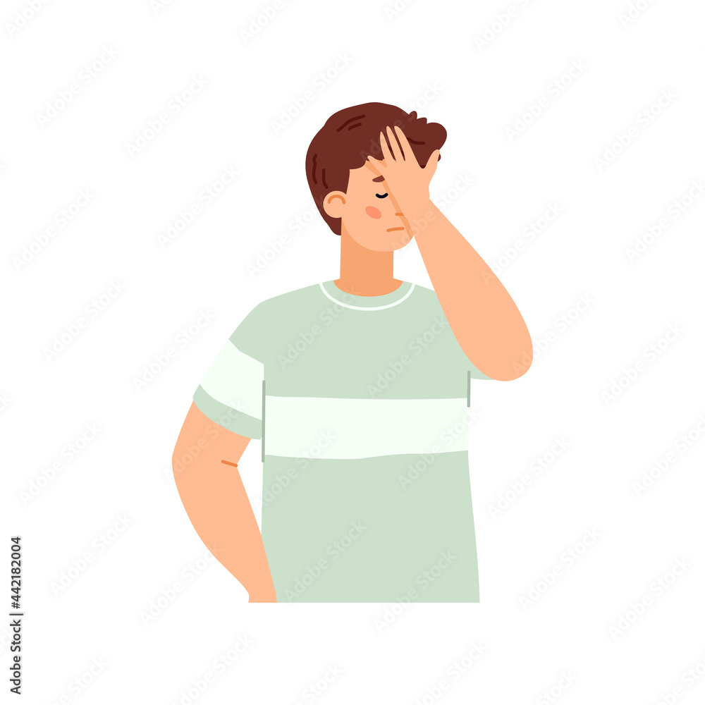 Sad disappointed young man cover face with palm in stress expression of sorrow