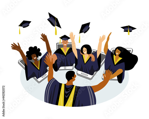 Vector image of interracial group of students celebrating graduation online. Concept of virtual remote graduating ceremony. People of color in higher education system. Graduates of college, university