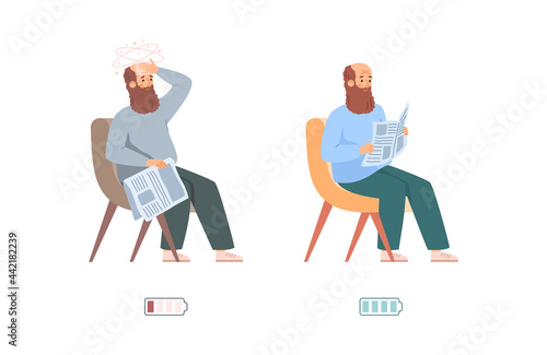 Tired and rested man with indicators of energy flat vector illustration isolated.