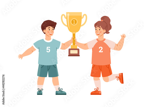 Cheerful kids with gold trophy cups award flat vector illustration isolated.