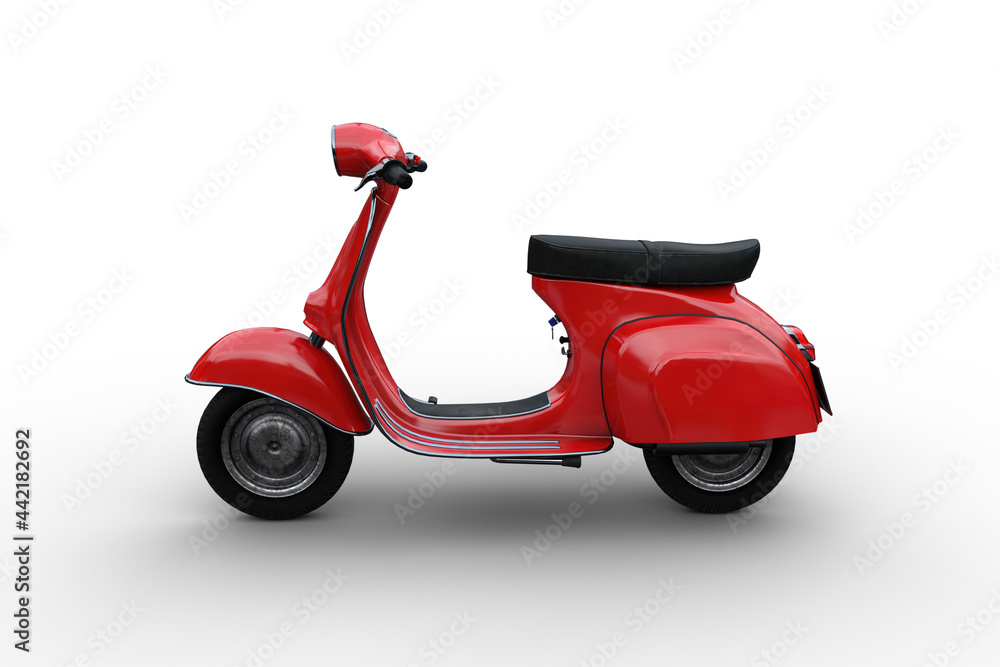 Side view 3D illustration of a red generic motor scooter isolated on a white background.