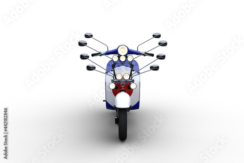 Quadro em tela Front view 3D illustration of a white, red and blue motor scooter with multiple wing mirrors and lights isolated on a white background