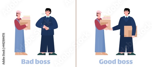 Bad and good boss - interaction worker and businessman a vector illustration.