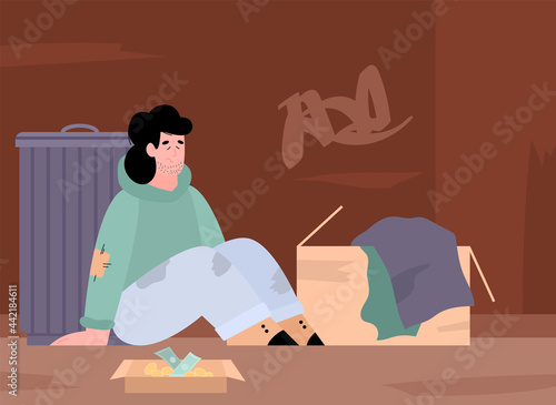 Poor homeless unemployed man sitting near donation box a vector illustration.