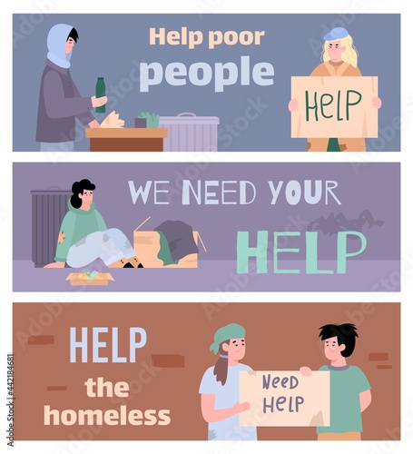 Poor homeless adult people and children living at city streets needy in charity.