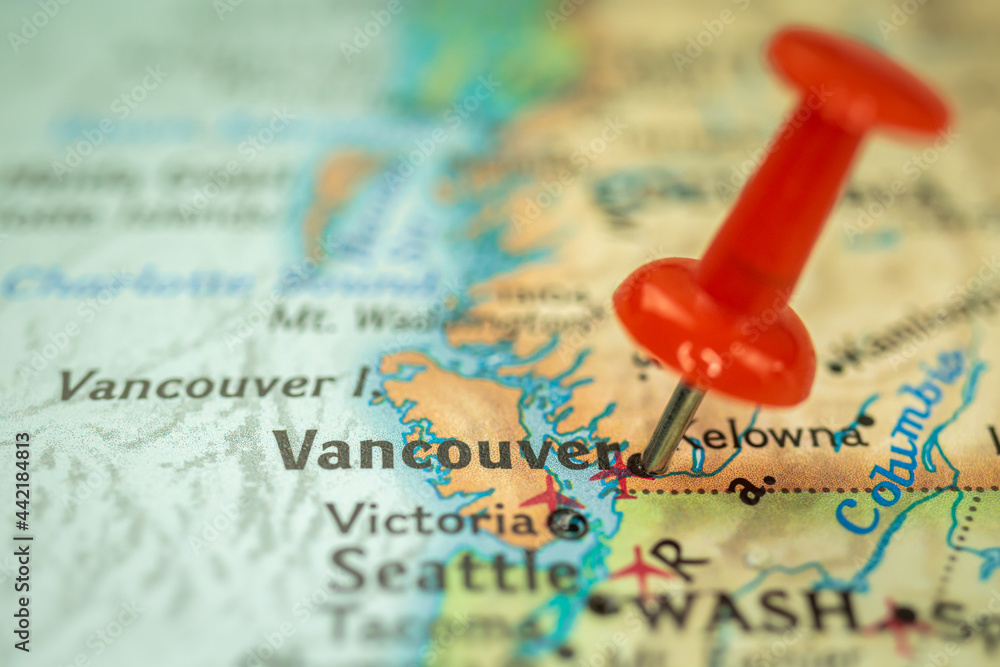 Location Vancouver city in Canada, map with red push pin pointing close