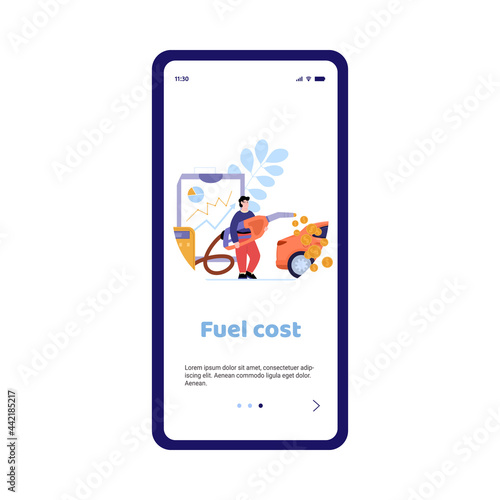 Mobile phone app with concept fuel price and economy money at petrol