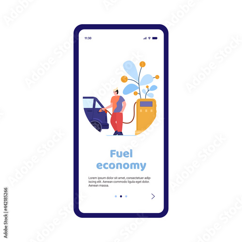 Mobile app on phone screen for fuel price and economy money at petrol.