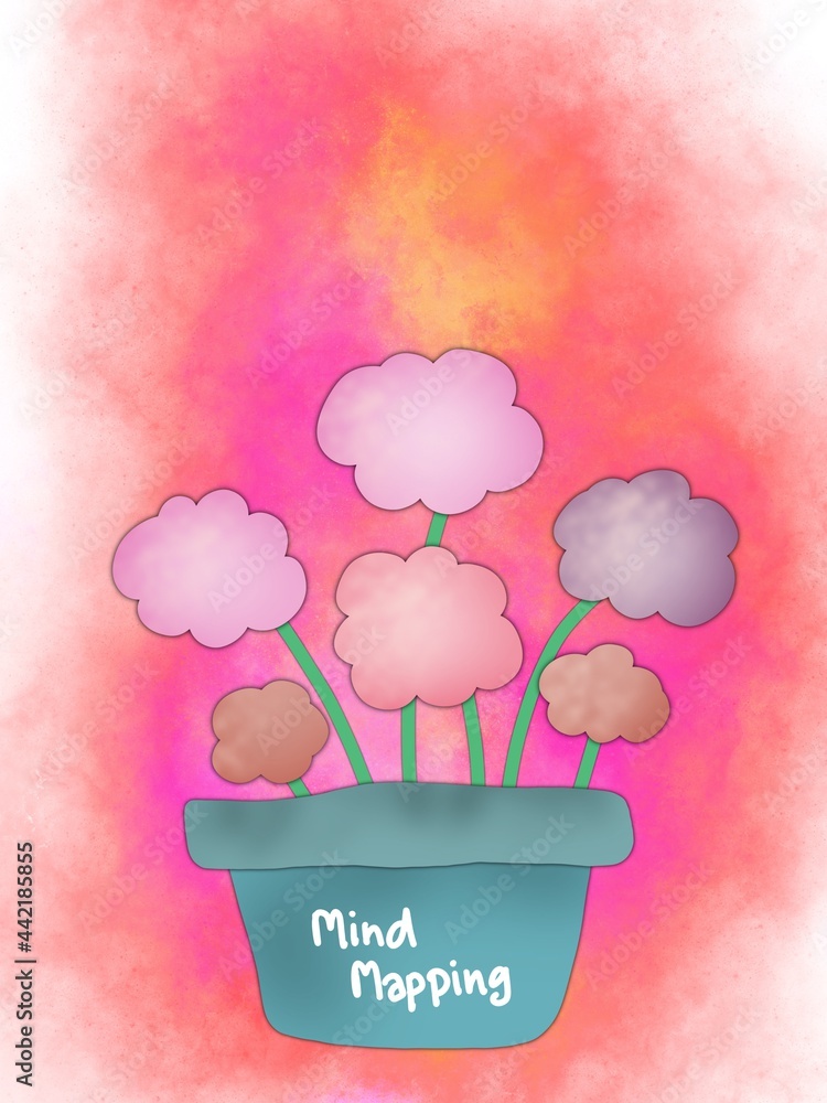 Mind mapping flower flora map in tree pot, mapping ideas concept. Stock