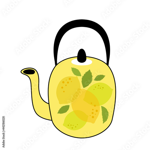 teapot with green tea, lemons and mint leaves. vector illustration