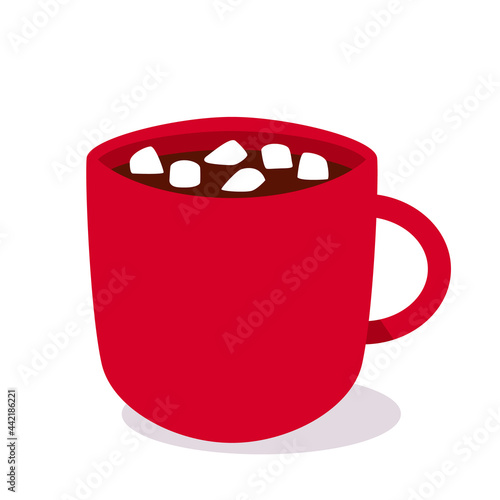 red cup with hot chocolate and marshmallows inside.