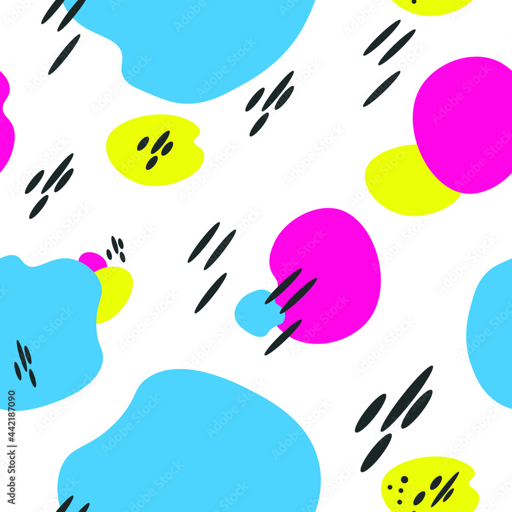 Bright seamless ornament of abstract spots of pink, blue, yellow colors with black oval elements. Funny patterns for textiles, presentations, printing products. Artistic summer pattern.