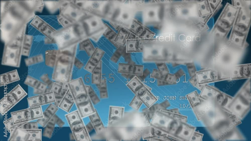 Animation of american dollar bills over credit card Animation of american dollar bills over credit card