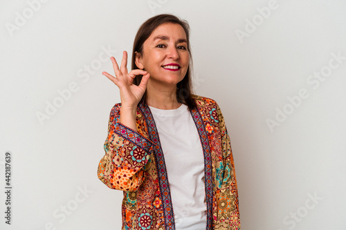 Middle age caucasian woman isolated on white background cheerful and confident showing ok gesture.