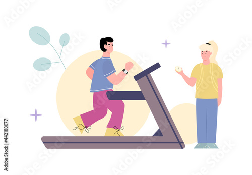 Girl sport coach training of young man running on treadmill a vector illustration © Kudryavtsev