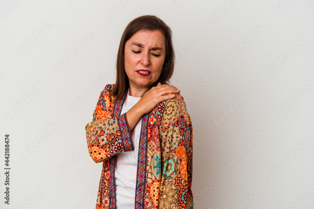 Middle age caucasian woman isolated on white background having a shoulder pain. Middle age caucasian woman isolated on white background having a shoulder pain.
