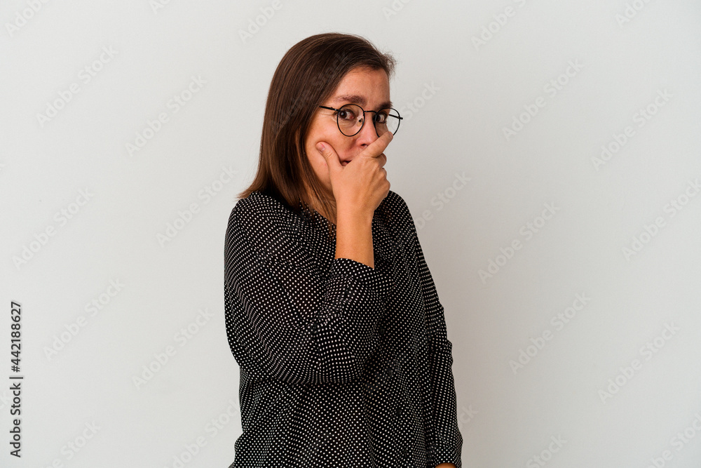 Middle age caucasian woman isolated on white background scared and afraid. Middle age caucasian woman isolated on white background scared and afraid.