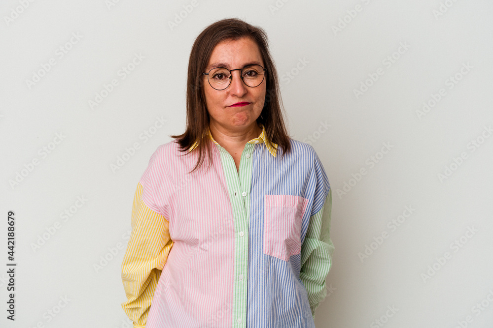 Middle age caucasian woman isolated on white background sad, serious face, feeling miserable and displeased. Middle age caucasian woman isolated on white background sad, serious face, feeling miserable and displeased.