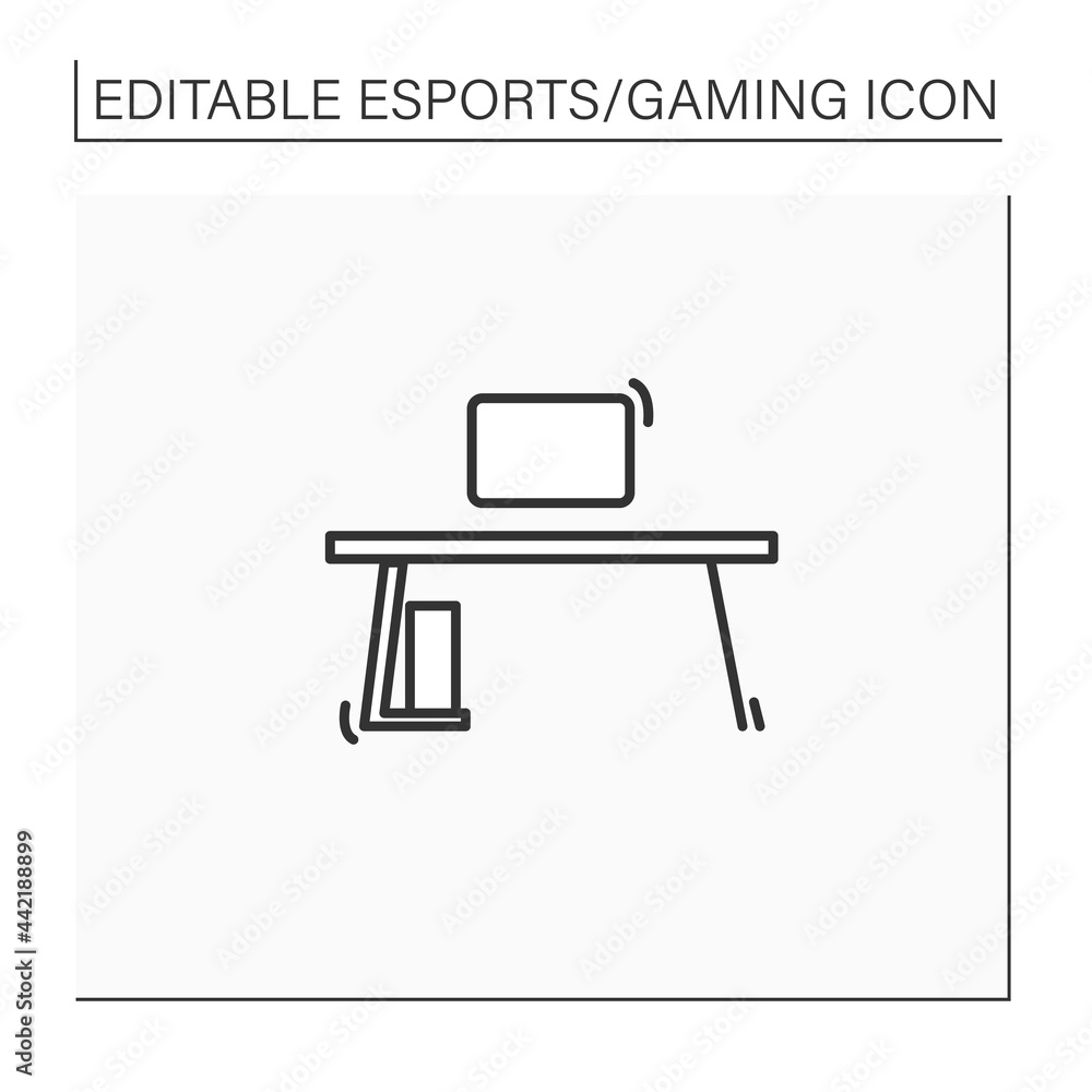 Gaming desk line icon. Comfortable table for playing games. Furniture. Cybersport concept. Isolated vector illustration.Editable stroke Gaming desk line icon. Comfortable table for playing games. Furniture. Cybersport concept. Isolated vector illustration.Editable stroke
