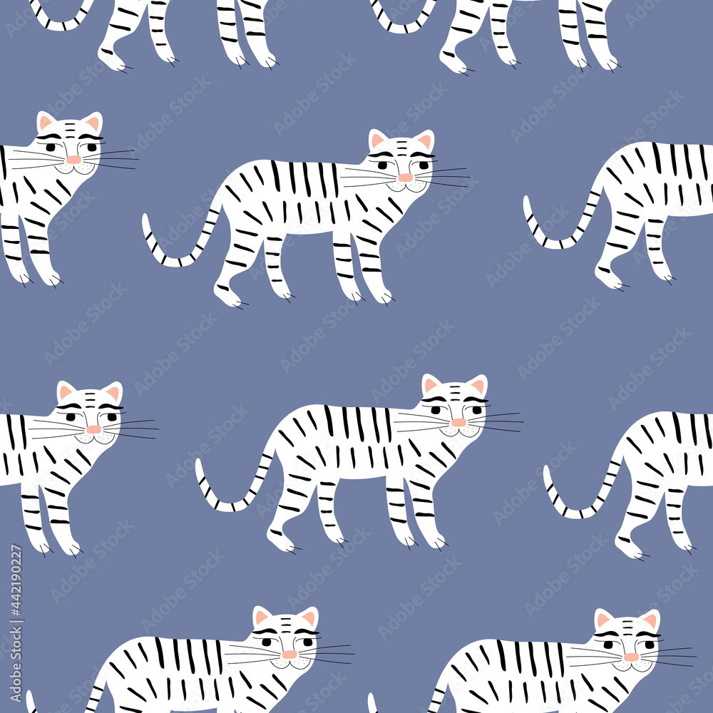 White tigers on a blue background. Funny big cat. Animals seamless pattern.