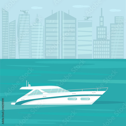 Modern speed yacht with in ocean, sea on city lanscape background. Summer vacation seaside concept. Vector stock illustration for advertisement beach party or travel agency, yachting club, marine. 