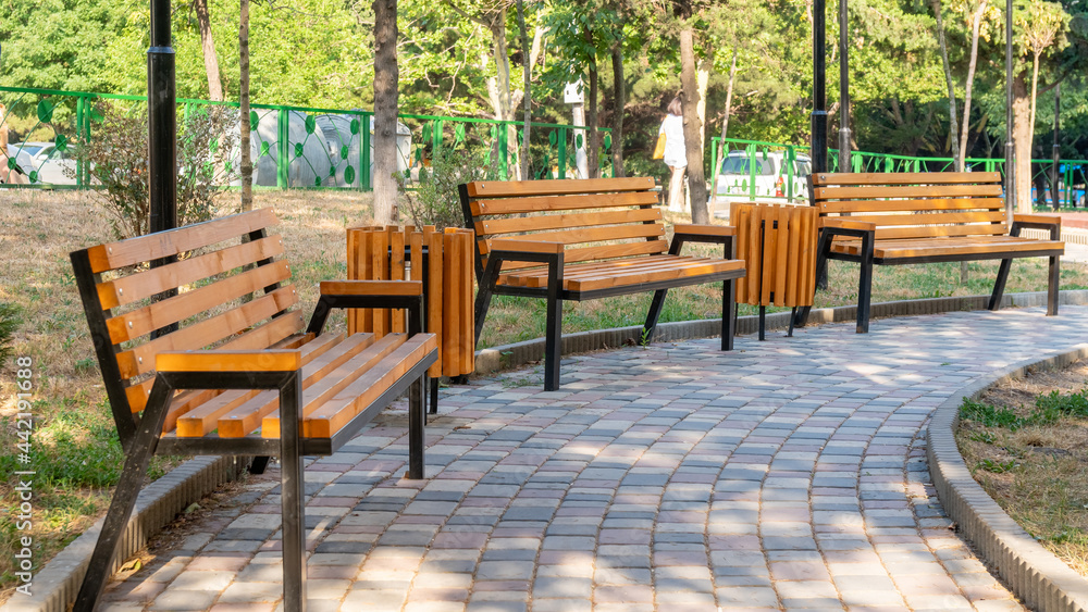 Wooden bench in the city park, place for relaxation