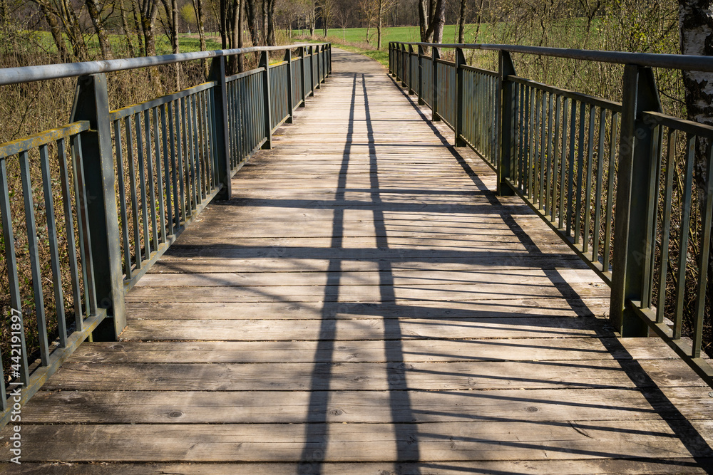 Bridge with wooden floor and green metal railing  in the park