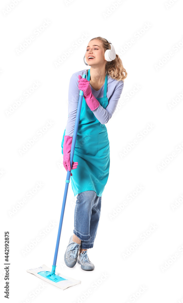 Young woman with floor mop on white background Young woman with floor mop on white background