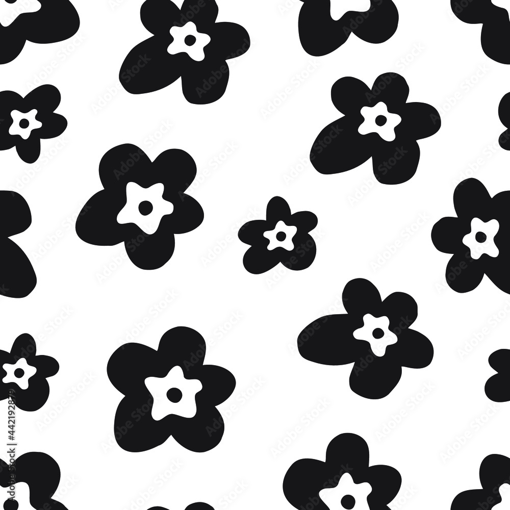 Cute graphic cartoon flowers. Black and white seamless pattern. Vector