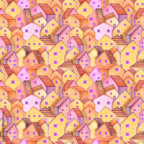 Urban landscape. Stylized cute houses. Seamless pattern. Hand drawing with colored pencils.