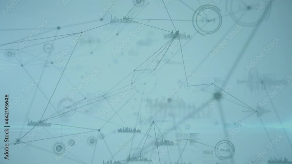 Animation of network of connections with glowing spots over blue background Animation of network of connections with glowing spots over blue background