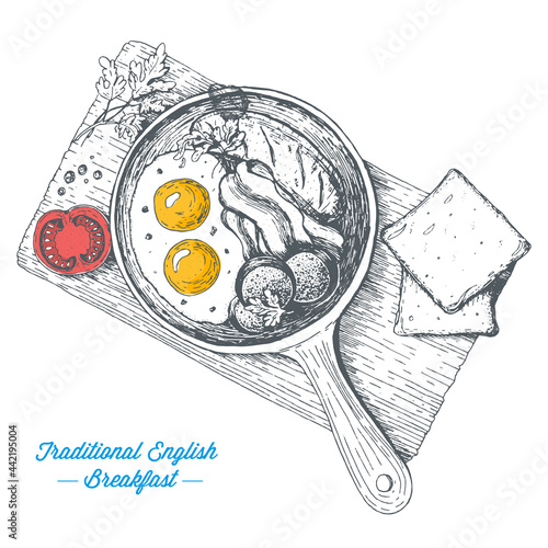 Traditional breakfast in a frying pan top view vector illustration. English breakfast with fried eggs, bacon, tomato and bread.