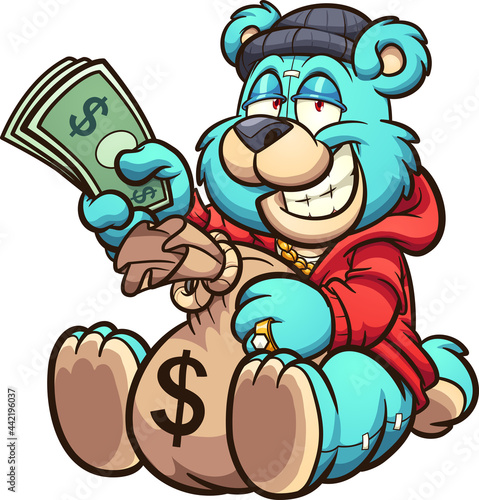 Teddy bear holding a big bag of money and some bills. Vector clip art illustration with simple gradients. All on a single layer.
