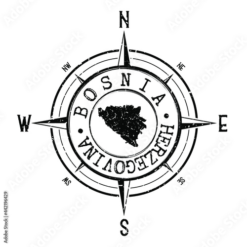 Bosnia Stamp Map Compass Adventure. Illustration Travel Country Symbol. Seal Expedition Wind Rose Icon.