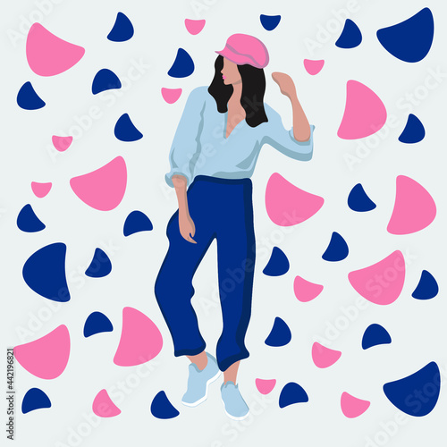 Stylish abstract illustration with a stylized figure of a girl in trousers, sneakers, a pink cap. A hand-drawn woman stands with her hand raised. Drawing for printing on textiles, diaries.