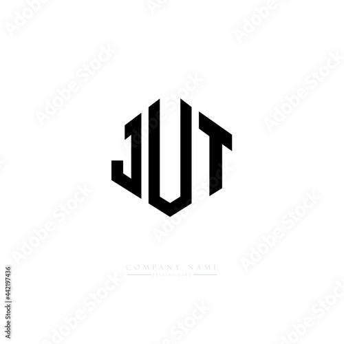 JUT letter logo design with polygon shape. JUT polygon logo monogram. JUT cube logo design. JUT hexagon vector logo template white and black colors. JUT monogram, JUT business and real estate logo. 