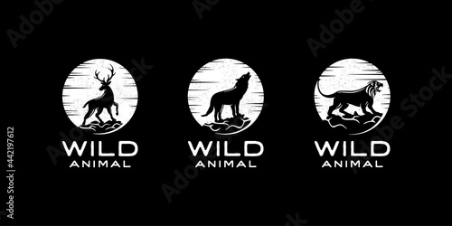 Silhouette of deer, wolf, lion. Wildlife animal logo design inspiration template
