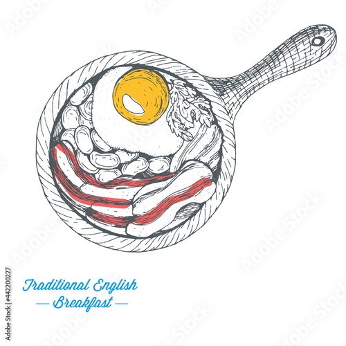 Traditional breakfast in a frying pan top view vector illustration. English breakfast with fried eggs, bacon and beans.