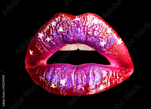 Open mouth woman close up. Sexy red female lips. Sensual open mouth. Isolated lip, surprised wow icon.